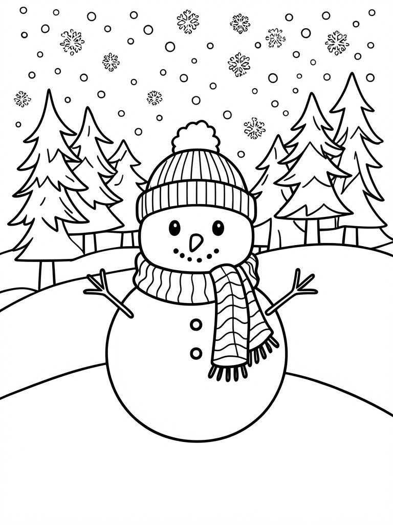 Coloring page of snowman in hat and scarf with snowy trees and falling flakes