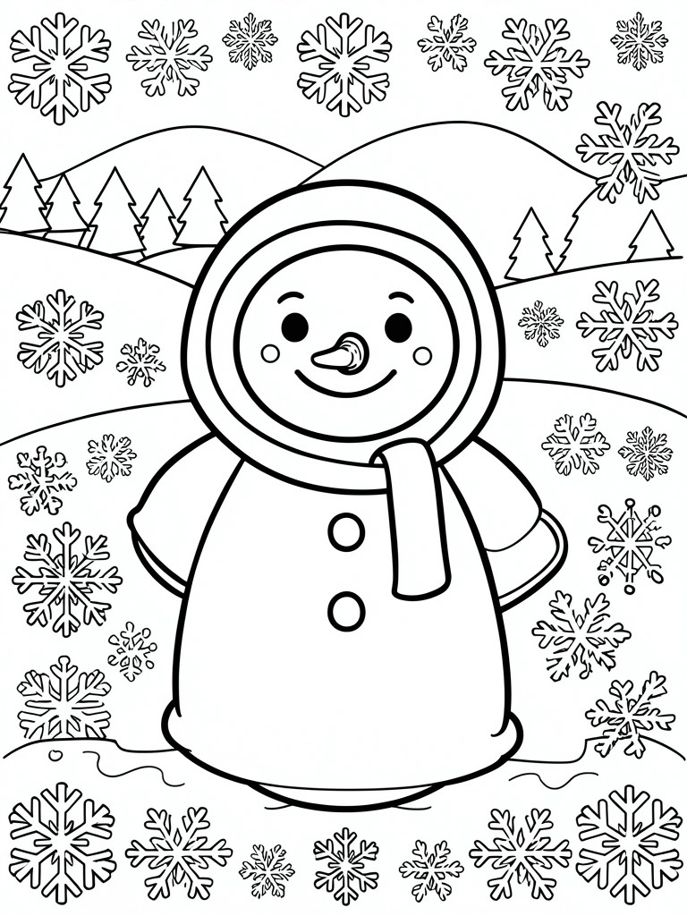 A coloring page featuring a central snowman wearing a scarf and hat, surrounded by snowflakes, hills, and evergreen trees.