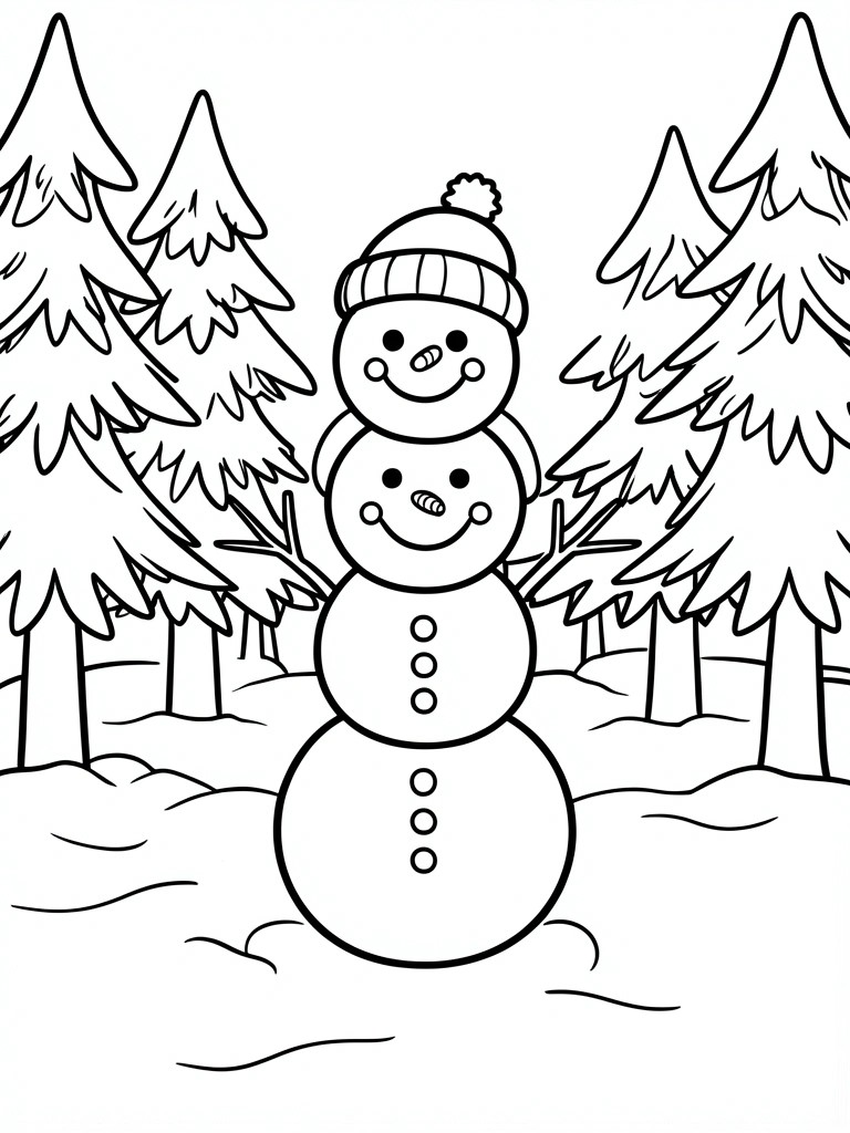 A line drawing of a snowman wearing a hat and scarf standing in a forest of pine trees with snow on the ground.