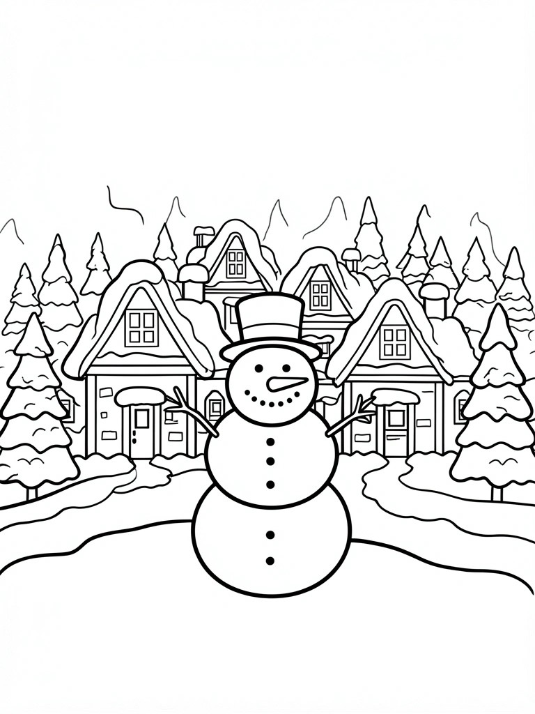 A black and white line drawing of a snowman standing in front of snow-covered houses and trees.