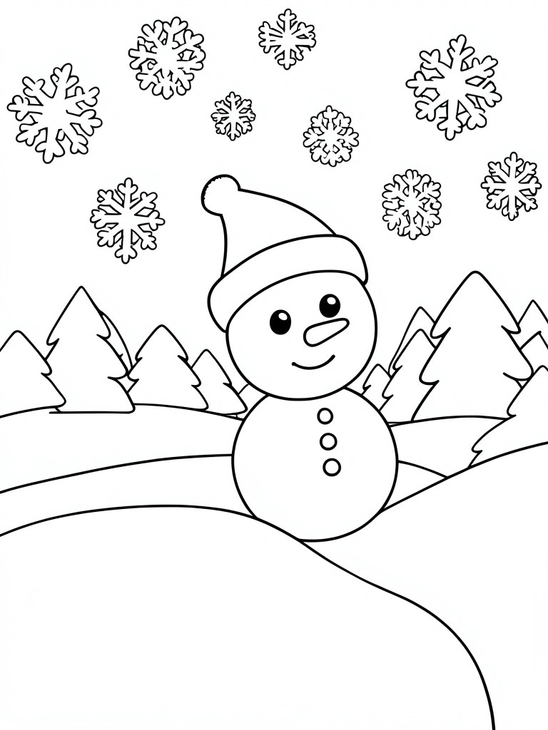 A black and white line drawing of a snowman wearing a hat, standing on a hill with pine trees, mountains, and snowflakes around it.