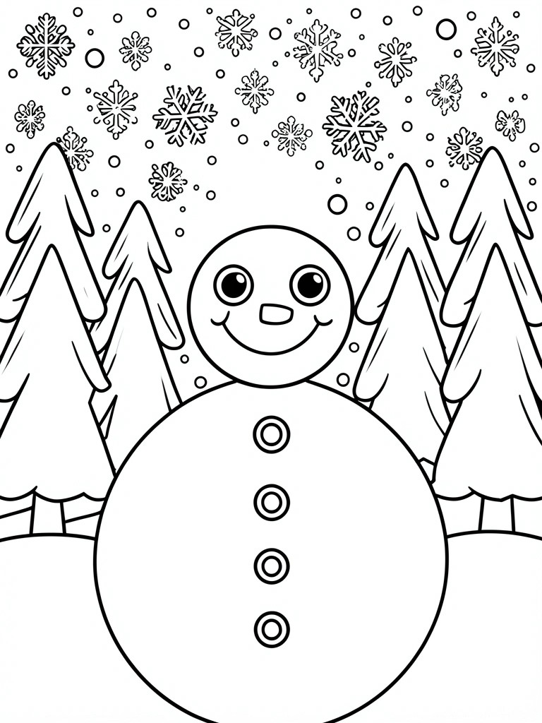 Cheerful snowman between snow-covered pine trees with falling snowflakes around