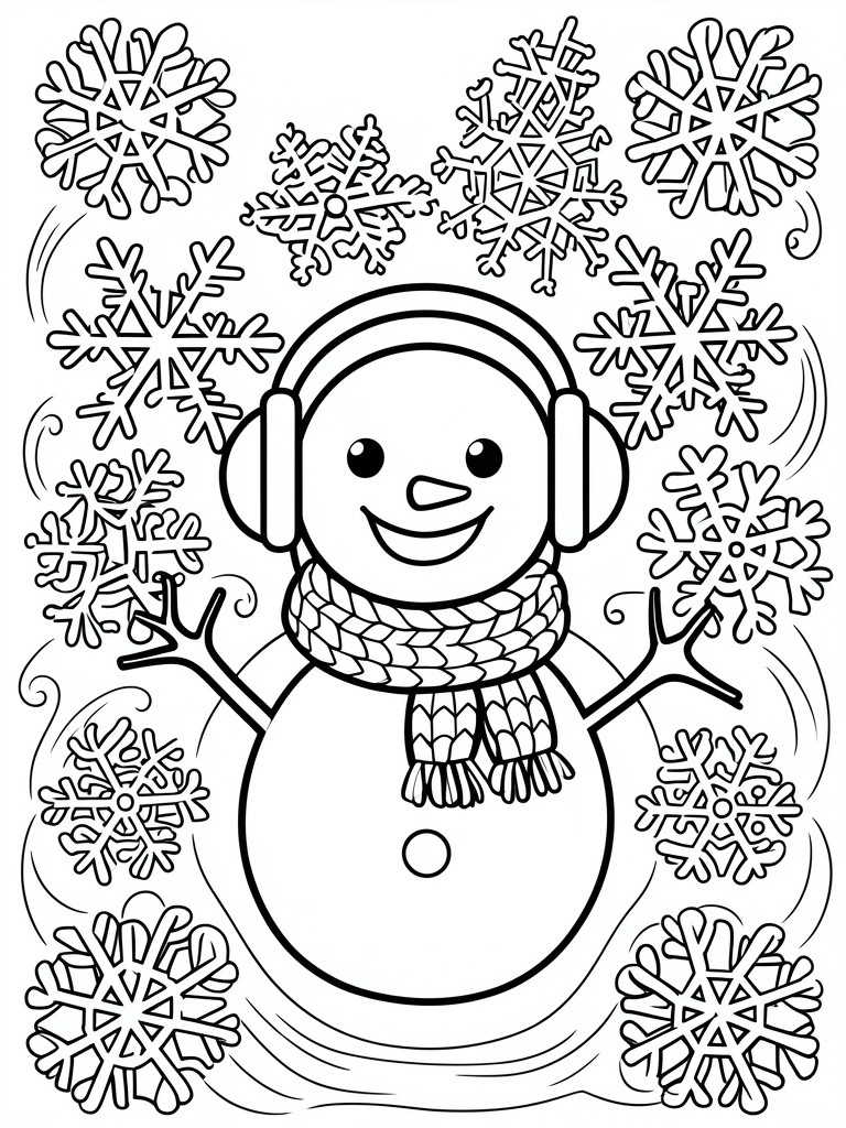 Smiling snowman wearing headphones and scarf amid swirling snowflakes line art.