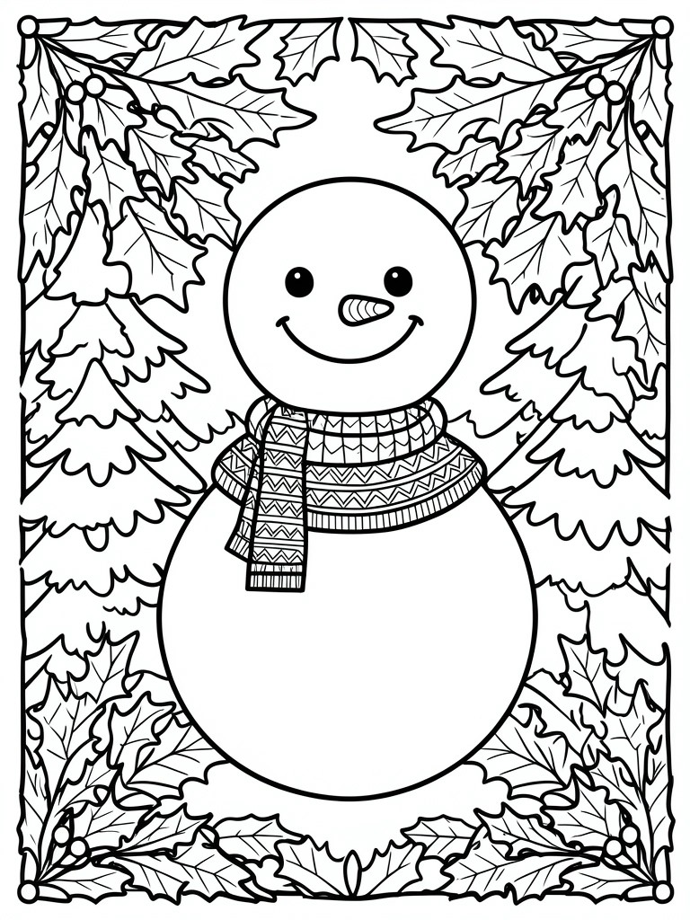 A black and white line drawing of a smiling snowman wearing a patterned scarf, surrounded by Christmas trees and holly leaves forming a border.