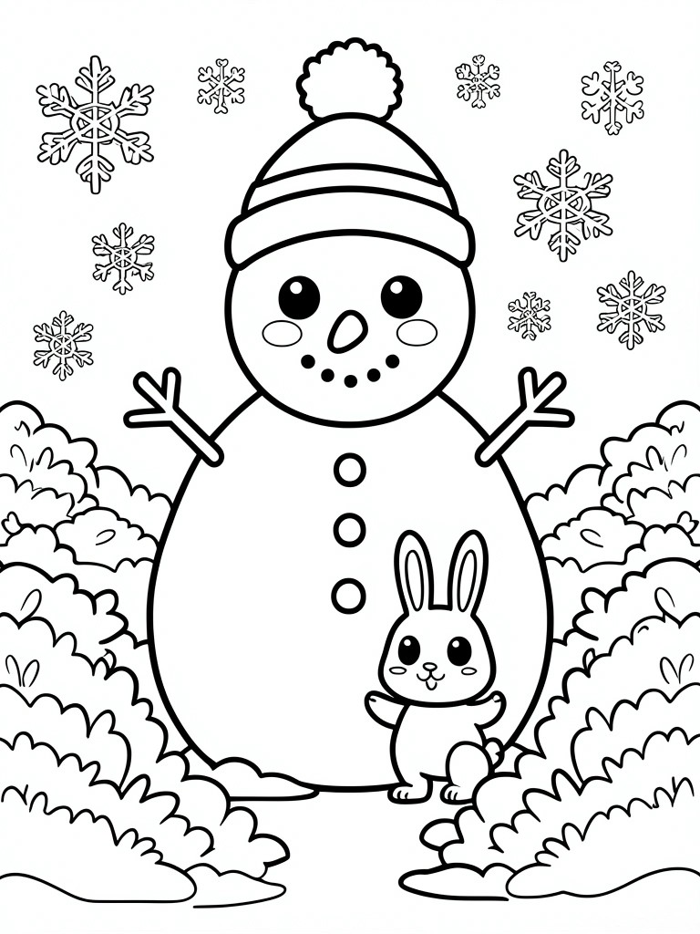 A coloring page shows a large snowman with a hat and stick arms next to a small rabbit, surrounded by snowflakes and bushes.
