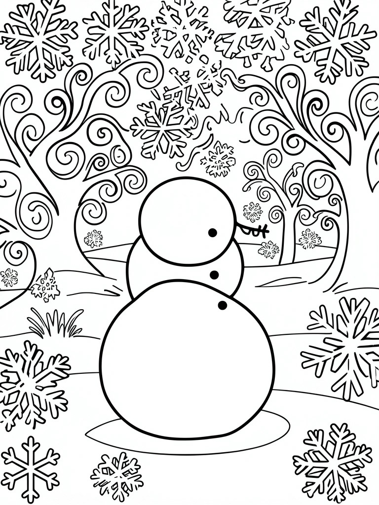 A black and white coloring page shows a three-part snowman with a simple face standing in snow, surrounded by large snowflakes and swirling line patterns.