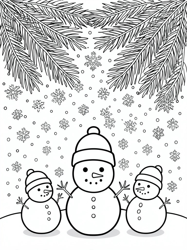 Three snowmen in winter hats amid falling snowflakes under pine branches, black-and-white line art.