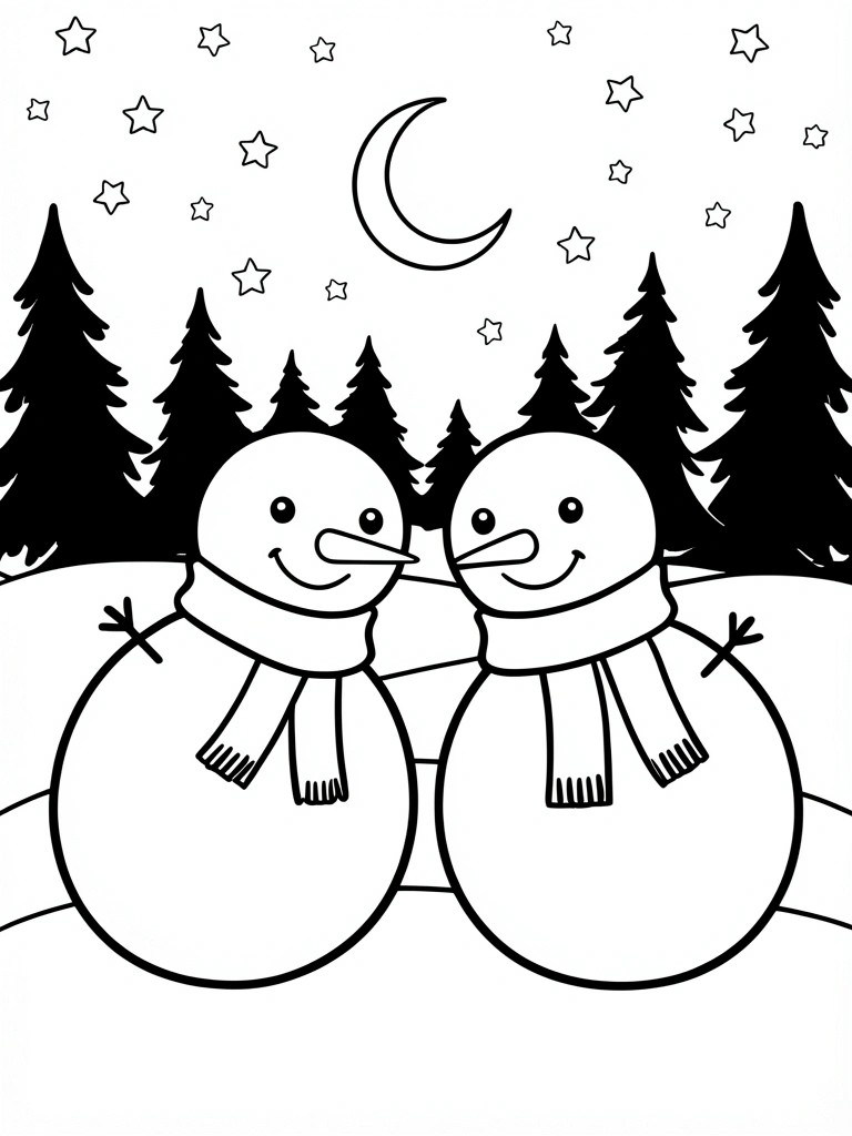 Two snowmen with scarves in snowy woods under crescent moon and stars.