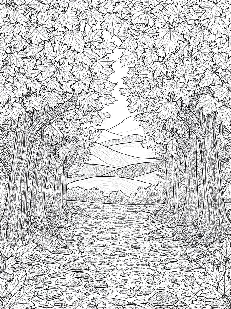 A black and white line drawing of a forest path with maple trees, fallen leaves, and mountains in the background.