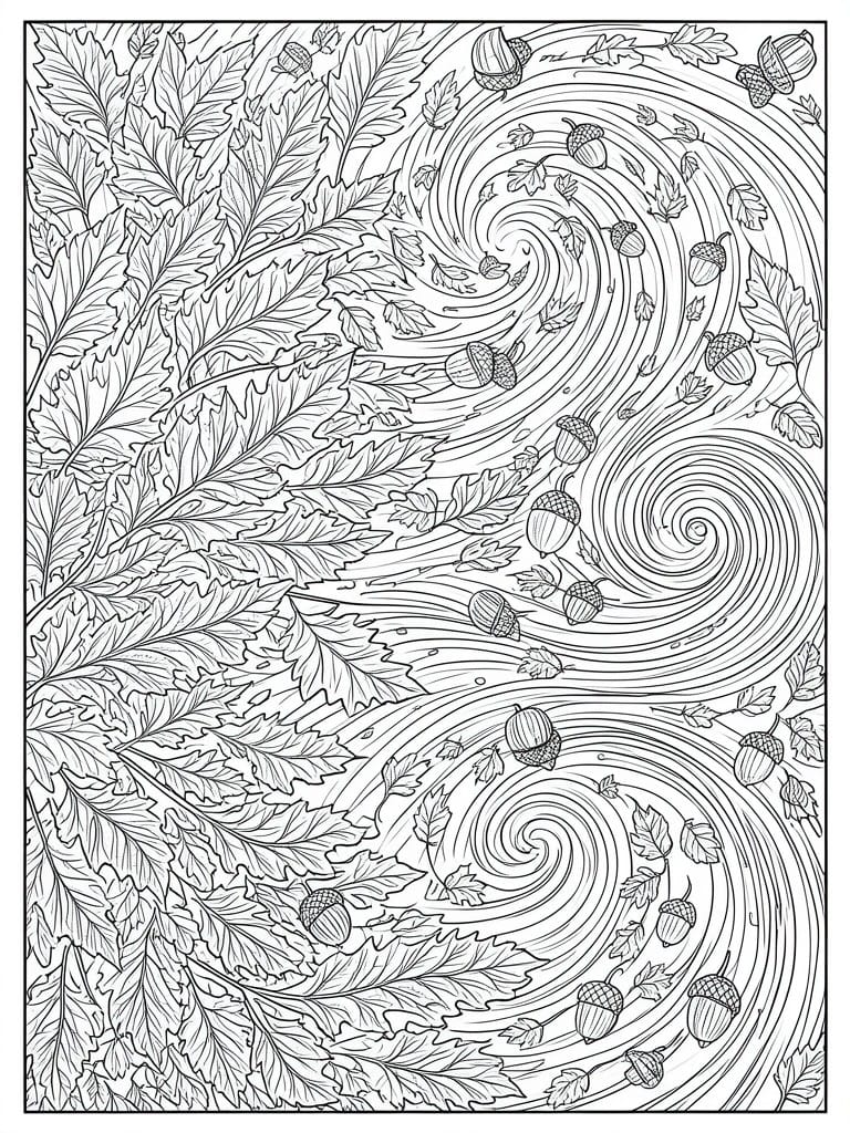 Black and white line art of swirling oak leaves and acorns.