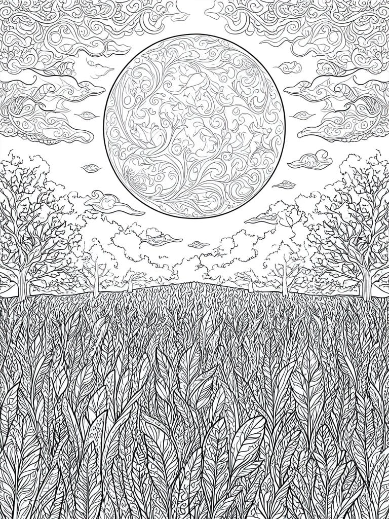 Intricate line art of an ornate full moon above trees and a leafy field under swirling clouds.