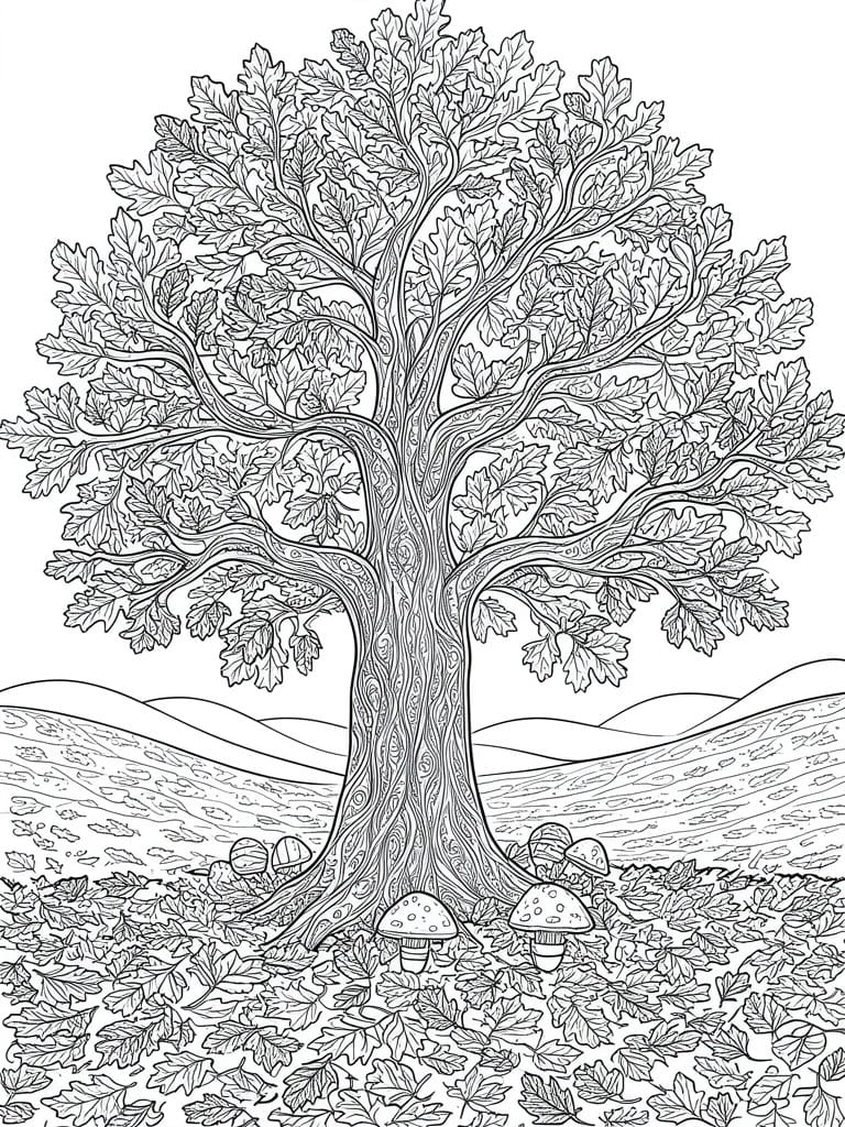 A black and white line drawing of a large oak tree with detailed leaves, a textured trunk, mushrooms at the base, and fallen leaves on the ground with hills in the background.
