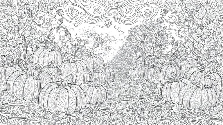 20 Detailed Fall Coloring Pages for Adults Who Enjoy Intricate Seasonal Artwork Black and white line art of pumpkins, acorns, and leafy vines with swirls