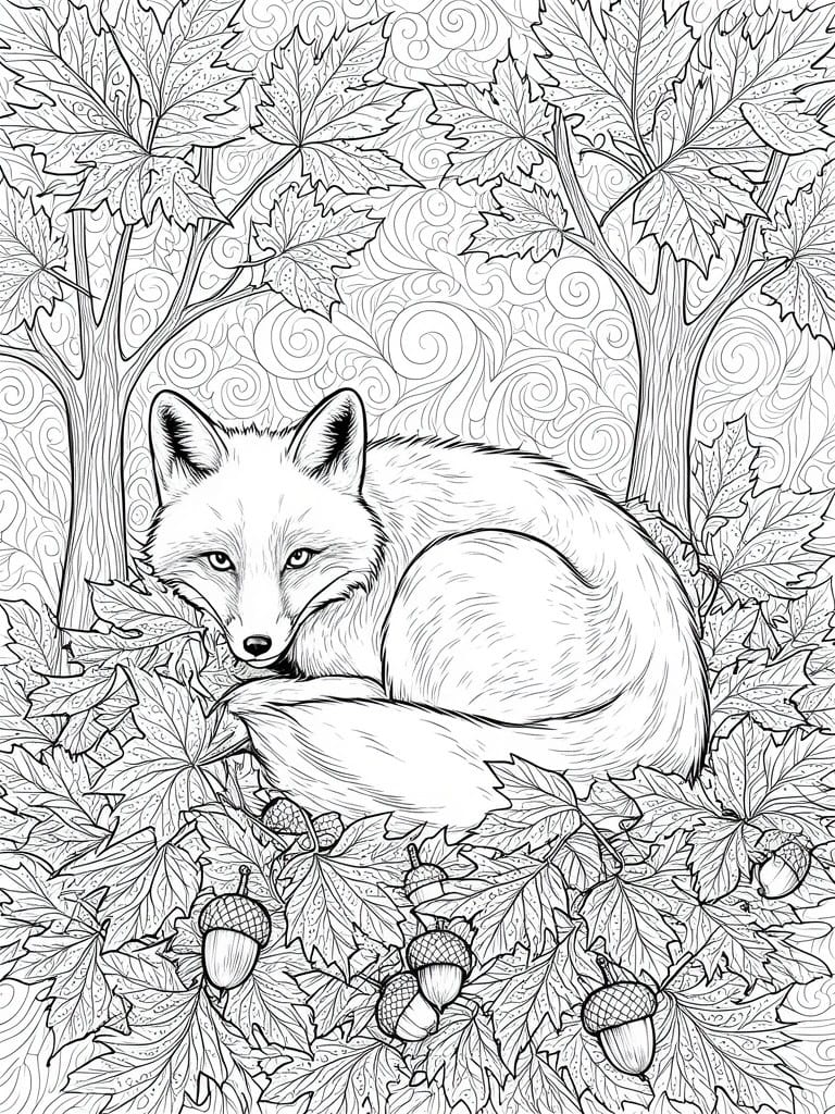 A detailed line drawing of a fox curled among autumn leaves and acorns with trees and swirl patterns in the background.