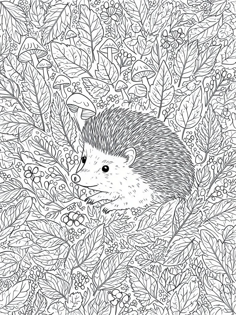 Detailed line drawing of a hedgehog amid forest leaves, mushrooms, and berries