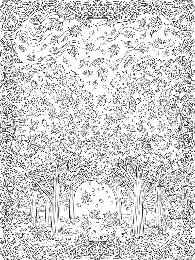 A black and white coloring page shows a forest of tall trees with falling leaves and acorns inside an ornate leafy border.