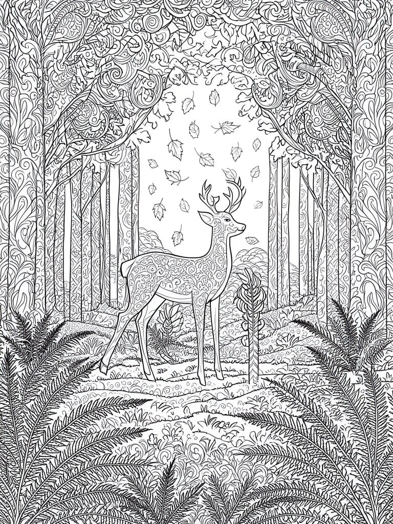 A black and white line drawing of a deer with patterned fur standing in a forest with ornate trees, ferns, and falling leaves.