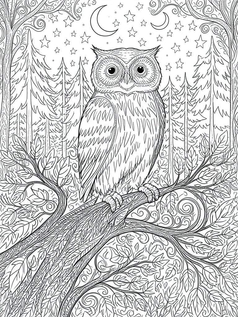 Intricate line art of owl perched on branch in starry forest night scene