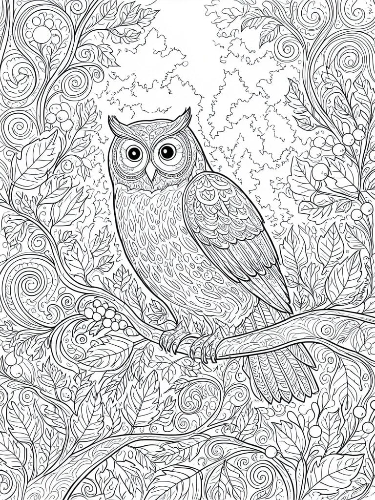 Intricate black-and-white line art of an owl perched on a branch amid leaves and swirls