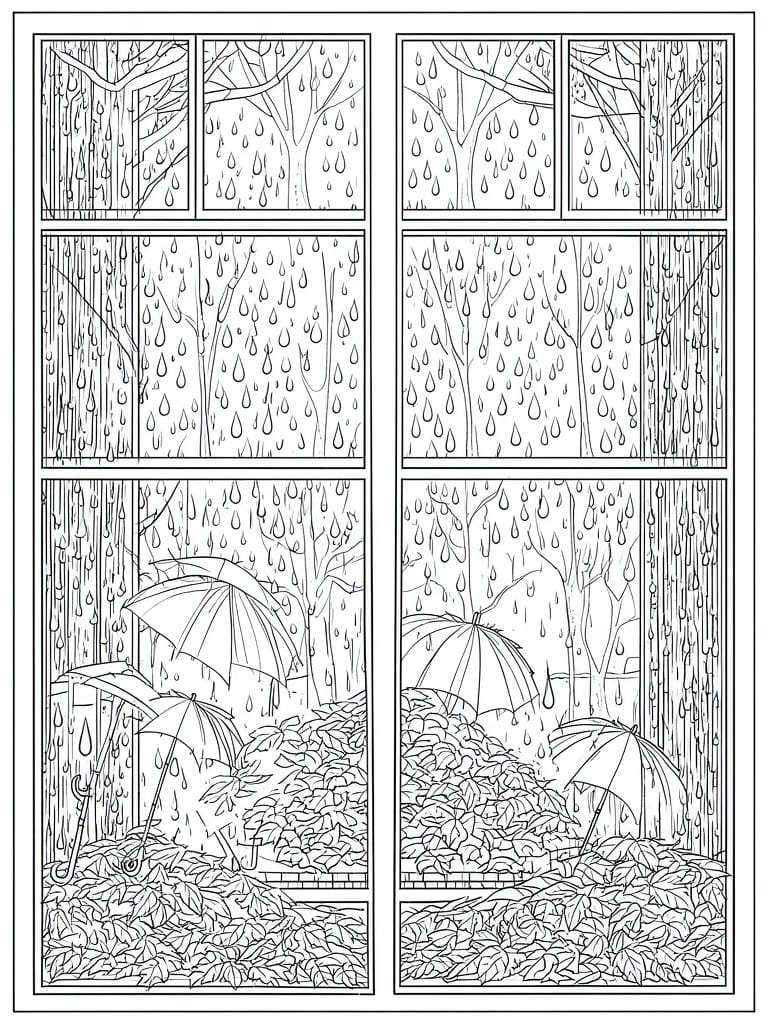Black-and-white comic panels of rainy forest with trees and umbrellas