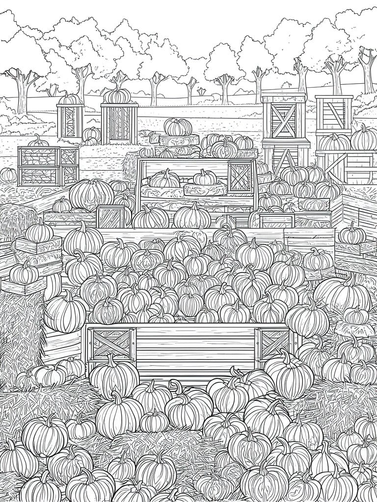 A black and white line drawing of a large pumpkin patch with pumpkins in crates, on hay bales, and scattered on the ground, plus trees and wooden farm structures in the background.