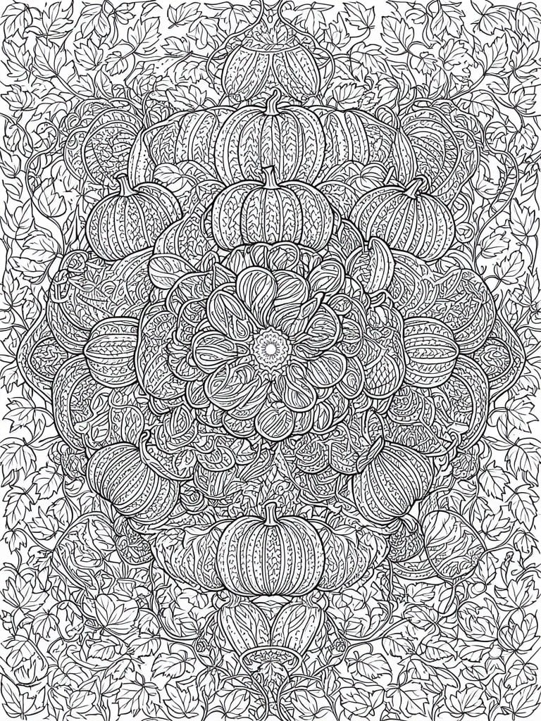 A black and white line drawing of pumpkins, leaves, and vines arranged in a detailed circular mandala pattern.