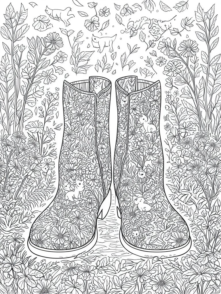 Line drawing of two floral rain boots amid flowers, leaves, and small animals