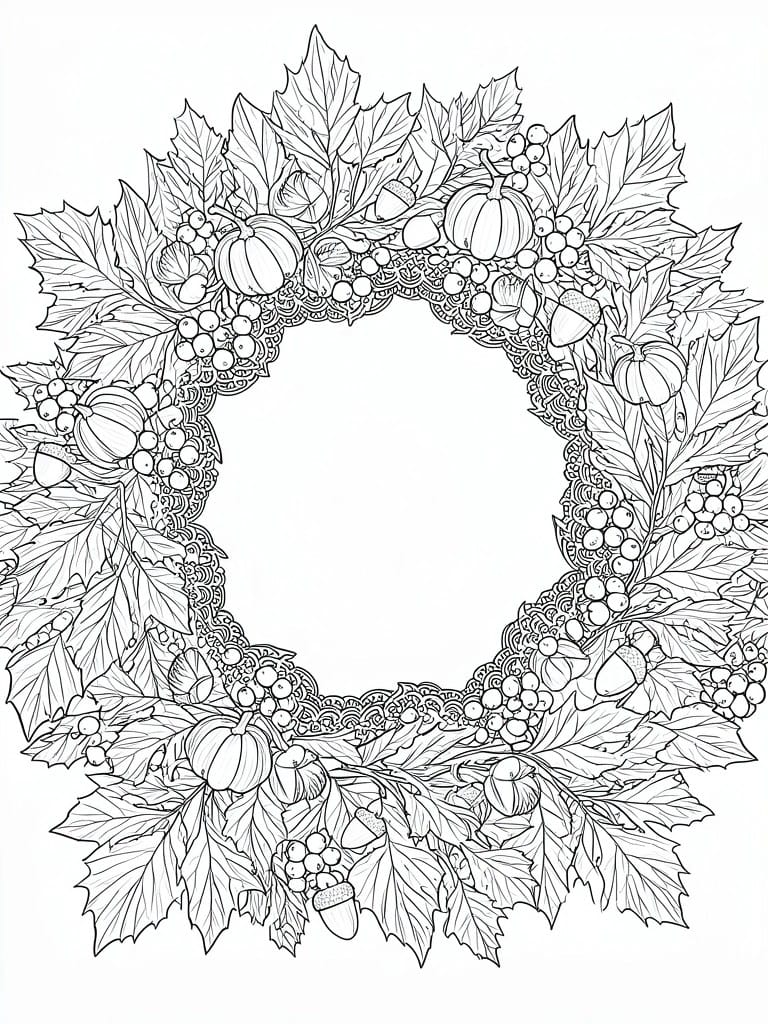 Intricate line art of autumn wreath with pumpkins, acorns, berries, and leaves.