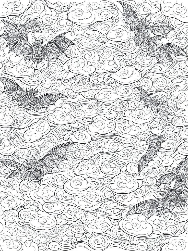 Detailed line art of ornate bats flying amid swirling fluffy clouds