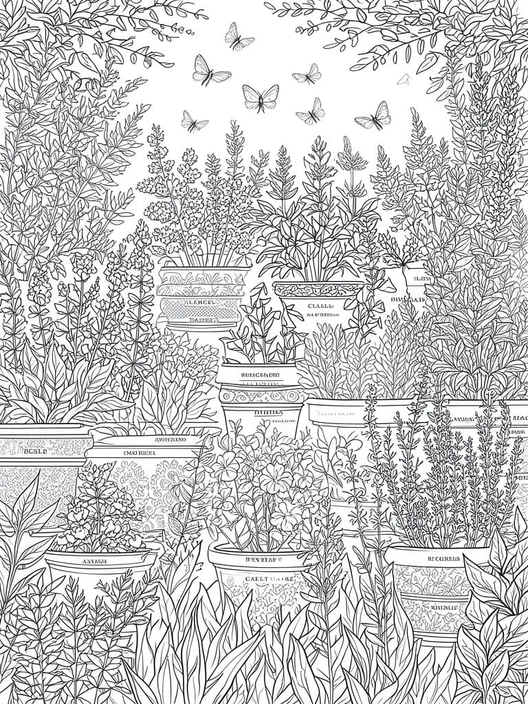 Black and white botanical line drawing of labeled potted plants with butterflies