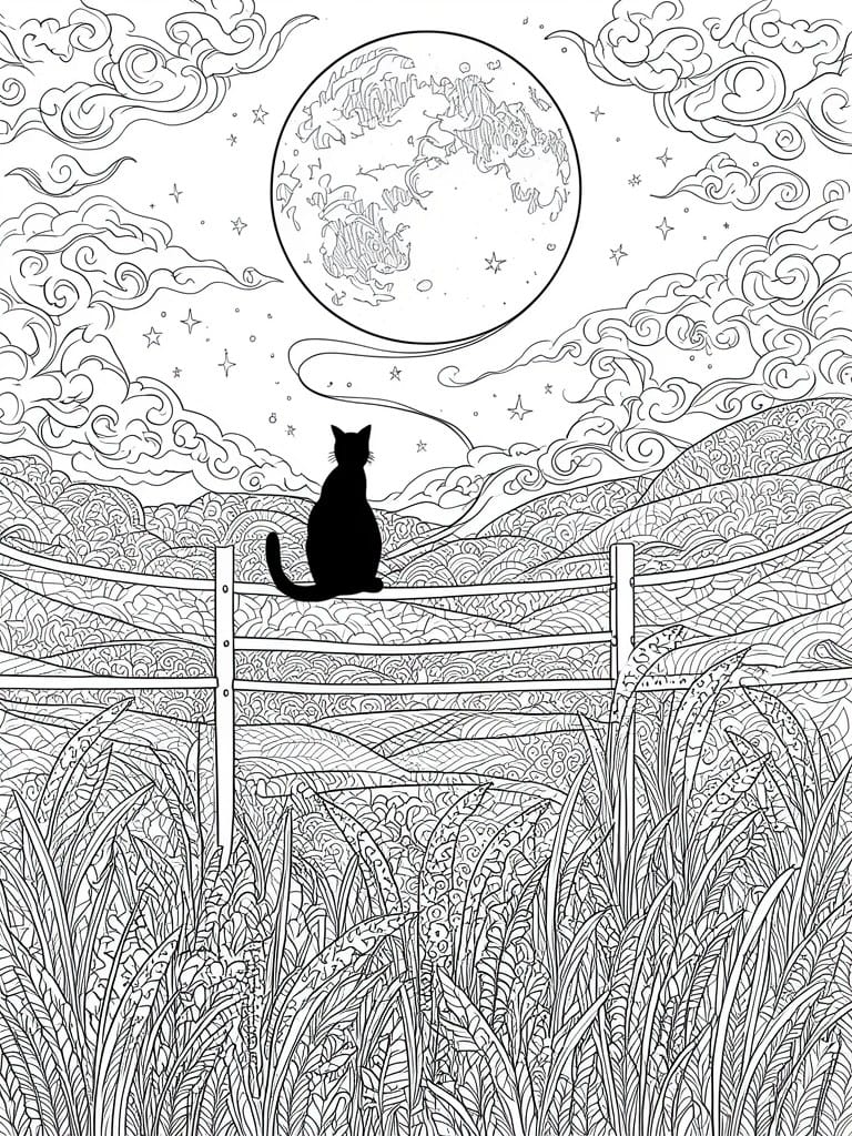 A line drawing shows a cat on a fence facing a large moon with patterns, stars, clouds, and hills with detailed grass below.