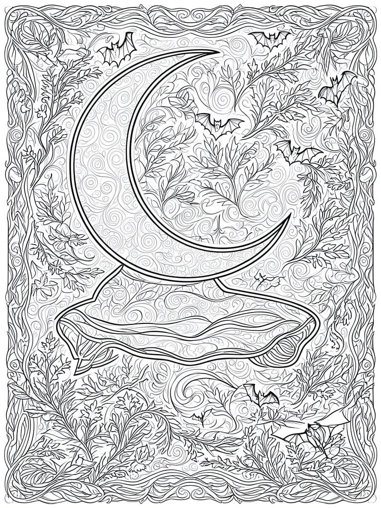Intricate black-and-white line art of crescent moon with bats and swirling foliage