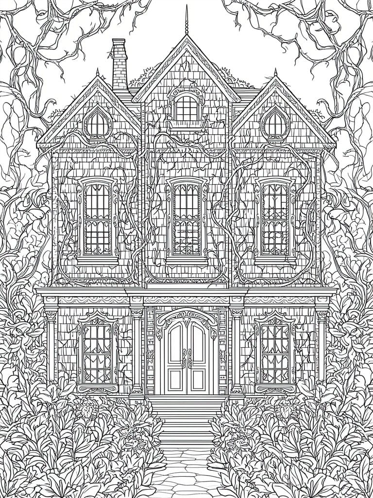 A black and white line drawing of a large Victorian house covered in vines, with multiple windows, a central door, and surrounding trees and bushes.