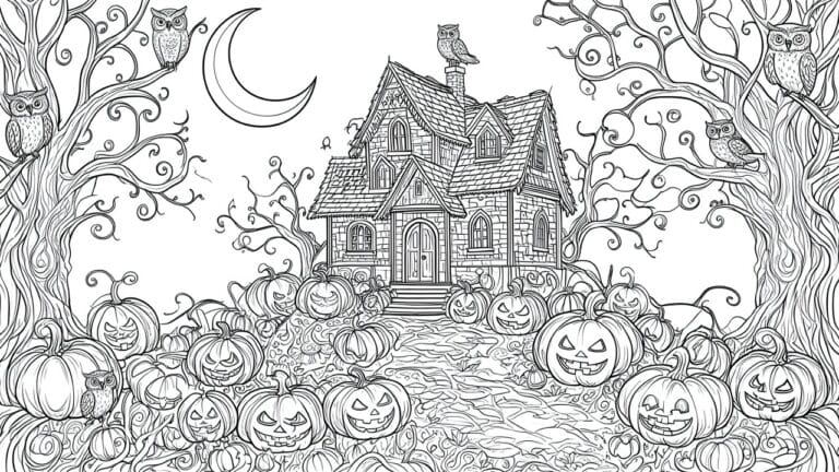 Haunted house surrounded by jack-o'-lanterns, owls, twisted trees, and crescent moon.