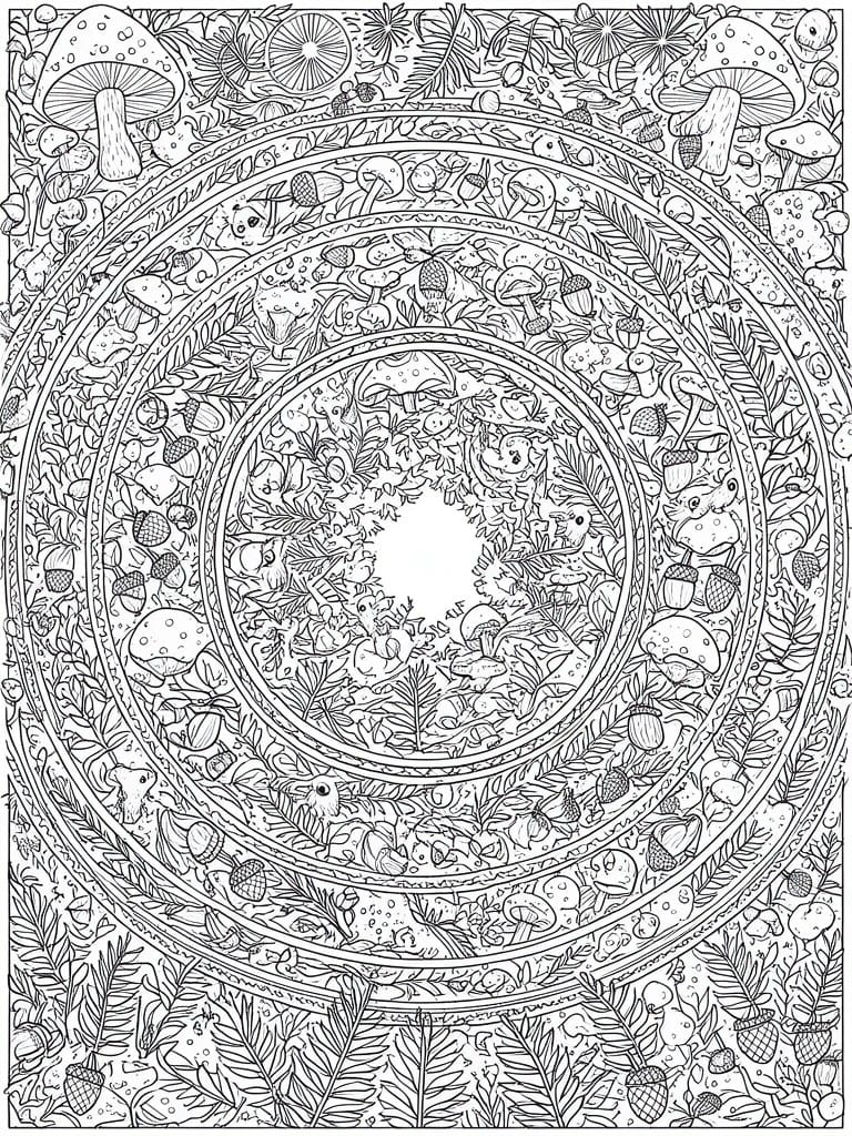 Detailed coloring page with woodland animals, mushrooms, and foliage in concentric circles.