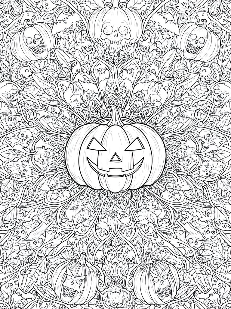 A black and white coloring page shows a large central jack-o-lantern surrounded by smaller skull-faced pumpkins, skulls, bats, and leafy vines arranged in a circular mandala pattern.