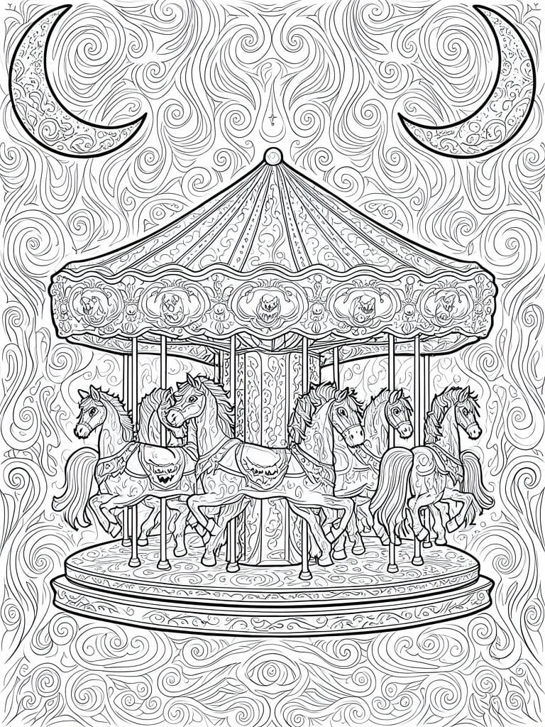Coloring book illustration of carousel with horses under crescent moons and swirls