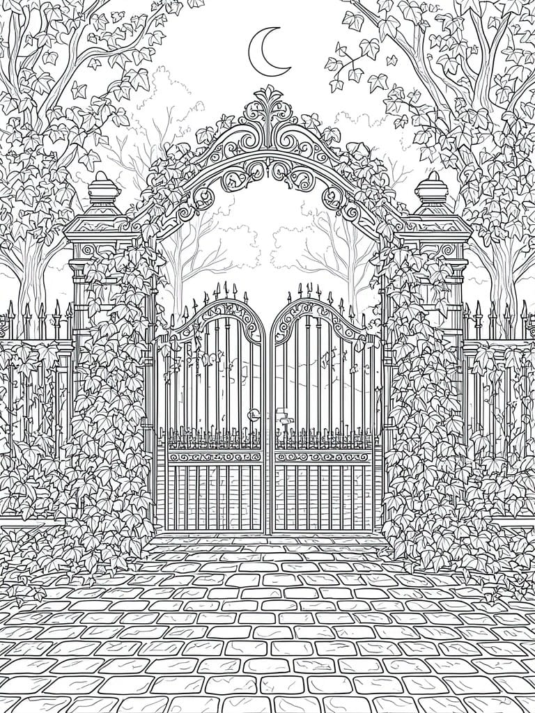Black and white line art of ornate open gates amid trees under crescent moon