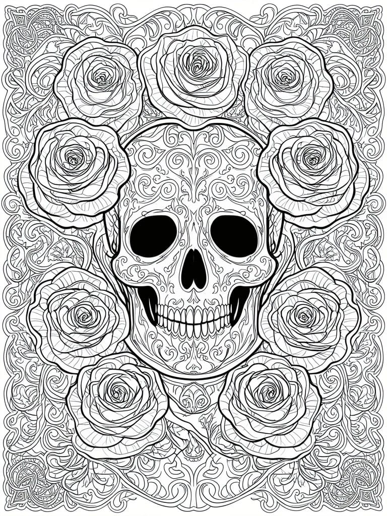 Intricate black-and-white skull with ornate patterns encircled by blooming roses and swirls