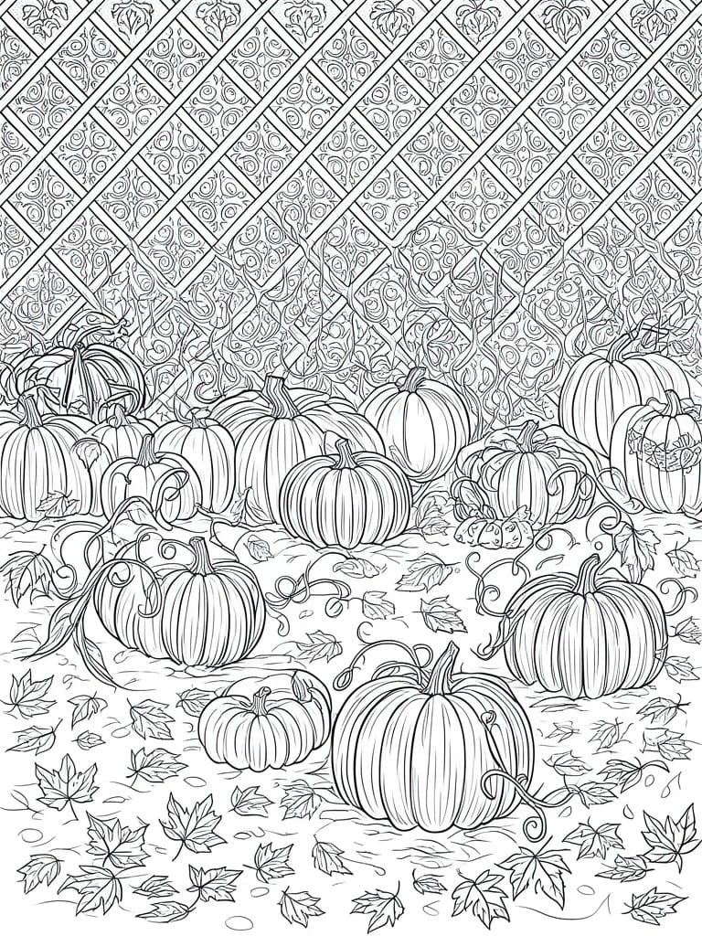 Coloring book scene of pumpkins scattered on ground with vines and lattice backdrop