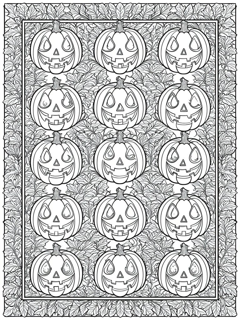 A black and white coloring page showing twelve jack-o'-lanterns in four rows of three, each with a carved face, set against a background of leaves inside a rectangular border.