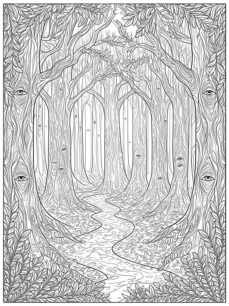 Detailed black and white line art of a winding forest path amid eyed trees.
