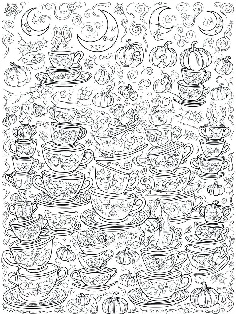 A black and white coloring page with many stacks of patterned teacups, pumpkins, crescent moons, spiderwebs, and bats.