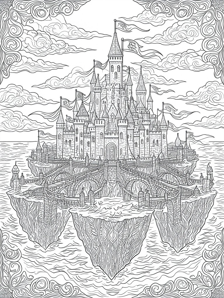 Intricate line art of a castle on floating islands with bridges, towers, and flags above waves.