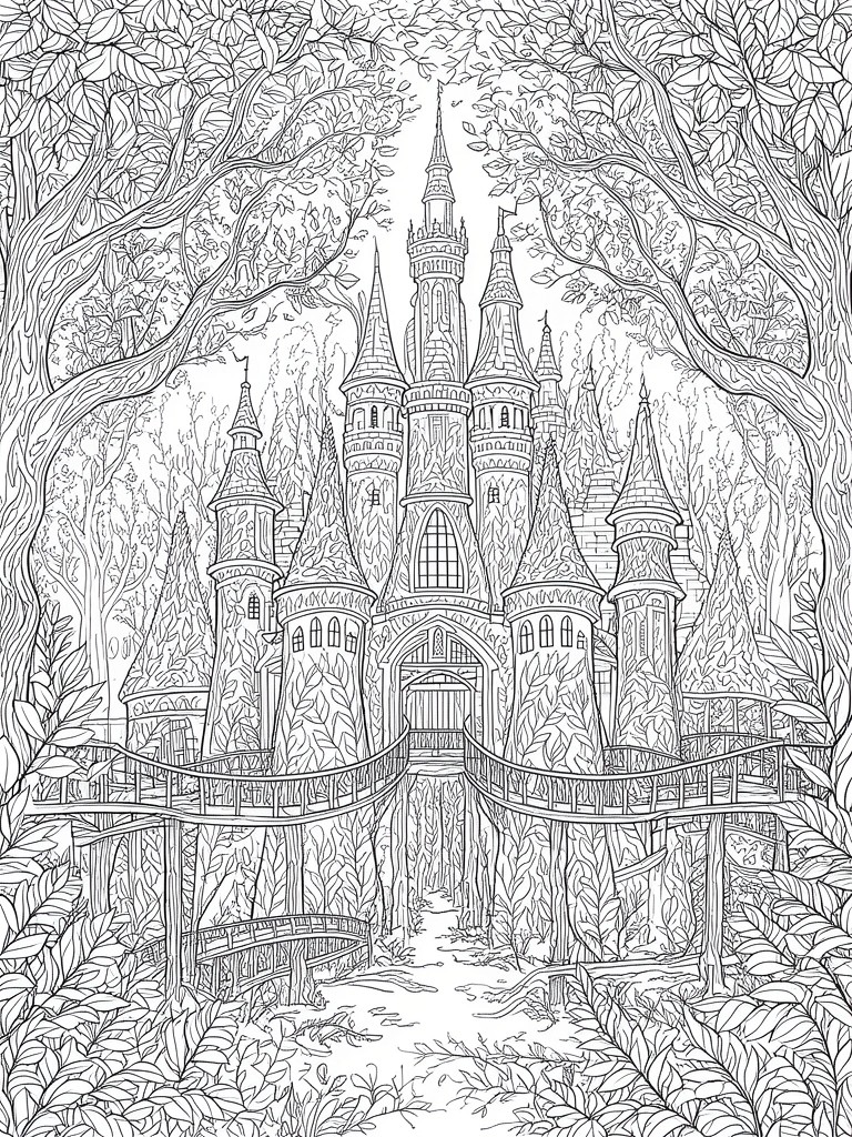 Intricate line drawing of a fantasy castle with bridges amid dense forest trees