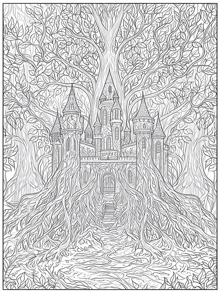 A black and white line drawing of a multi-towered fantasy castle with stairs leading to an entrance, completely intertwined with the thick roots and branches of a large central tree.
