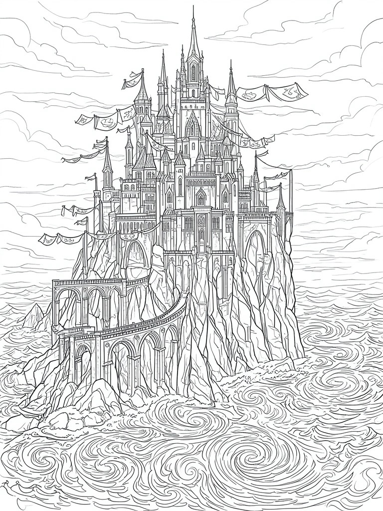 Black and white drawing of ornate castle with flags atop rocky cliff by swirling seas.