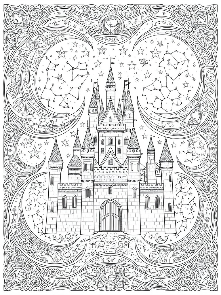 Black and white line art of castle amid crescent moons and constellations