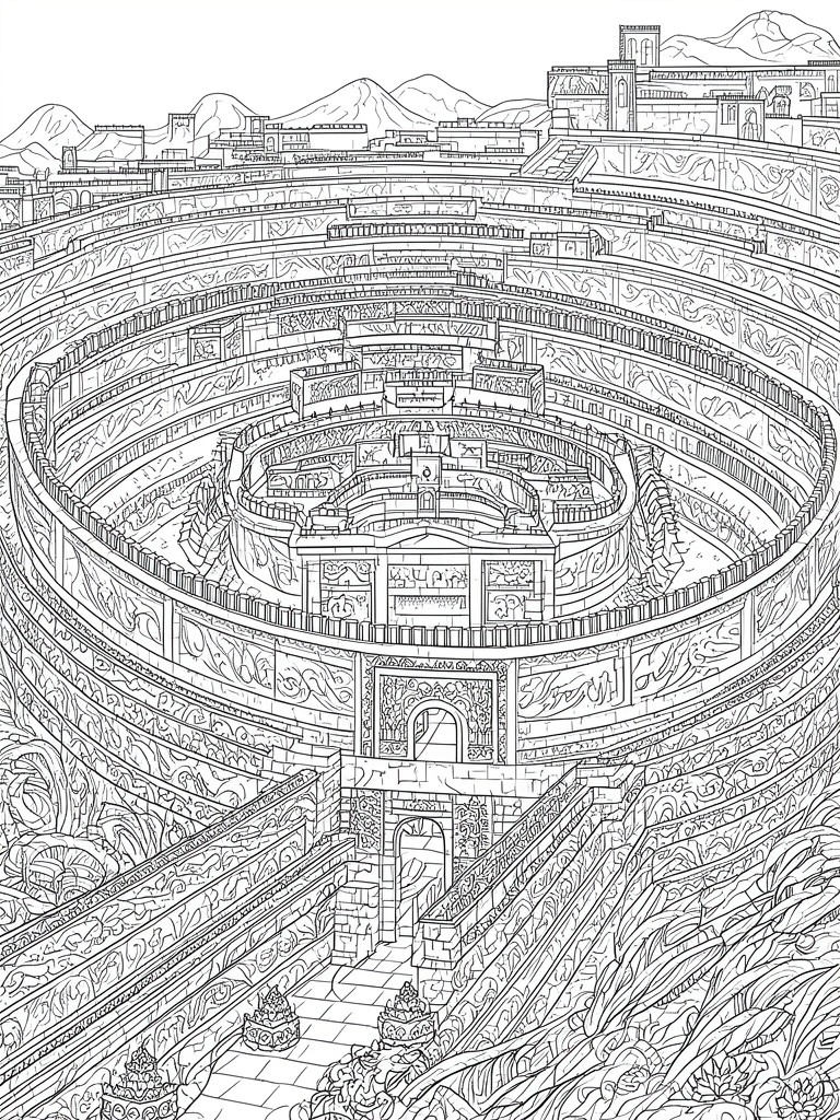 Detailed line art of concentric circular fortress with stairs, arches and mountains.