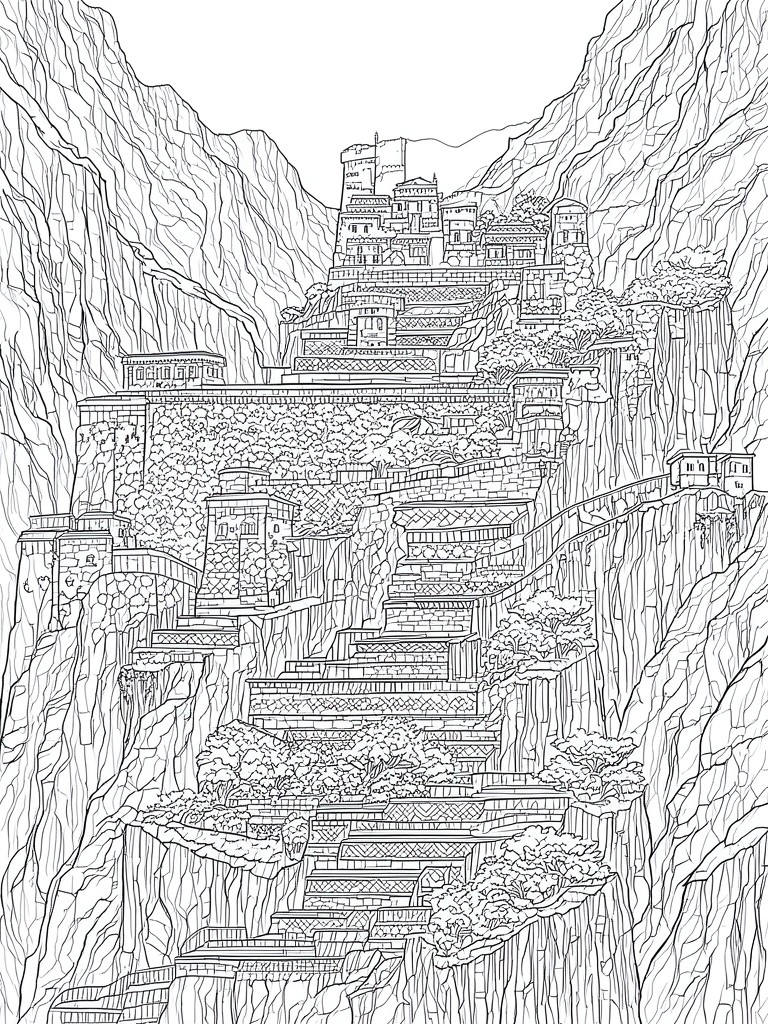 Detailed black-and-white line art of terraced cliffside buildings with stairs and trees in mountains